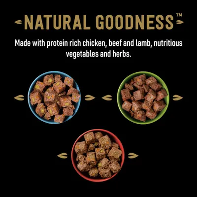 Natural Goodness. Made with protein rich chicken, beef and lamb, nutritious vegetables and herbs. Three bowls showing food cubes.