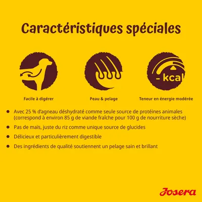 Caractéristiques spéciales : facile à digérer, peau & pelage, teneur en énergie modérée. 25 % d’agneau déshydraté, pas de maïs, riz comme glucides, ingrédients pour pelage sain. Josera.