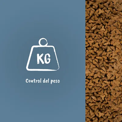 Pienso marrón en gránulos junto a icono de pesa con texto 'KG' y 'Control del peso'.
