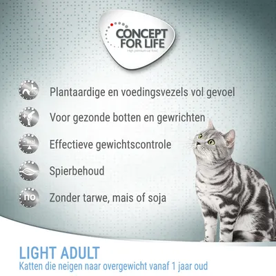 Concept for Life Light Adult kattenvoer: plantaardige en voedingsvezels, gezonde botten en gewrichten, effectieve gewichtscontrole, spierbehoud, zonder tarwe, mais of soja. Voor katten vanaf 1 jaar.