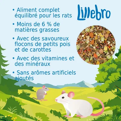 Lillebro. Aliment complet équilibré pour les rats, moins de 6 % de matières grasses, flocons de petits pois et carottes, vitamines et minéraux, sans arômes artificiels ajoutés.