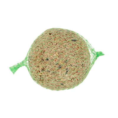Fettfutter-Knödel v zelenom sieťovanom obale, viditeľné s obilninami a semienkami.