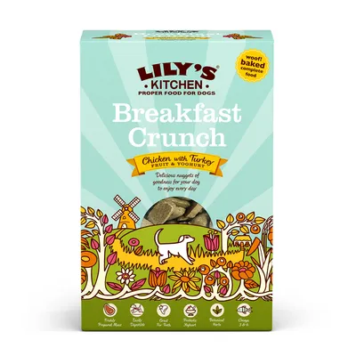 Lily's Kitchen Breakfast Crunch with chicken, turkey, fruit and yoghurt. Baked complete food. Features: freshly prepared meat, easily digestible, great for teeth, prebiotic yoghurt, herbs, omega 3 & 6. Lily's Kitchen Breakfast Crunch with chicken, turkey, fruit and yoghurt. Baked complete food. Features: freshly prepared meat, easily digestible, great for teeth, prebiotic yoghurt, herbs, omega 3 & 6.