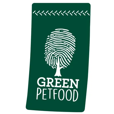 Green Petfood Logo mit Fingerabdruck und Baum-Symbol auf grünem Hintergrund.