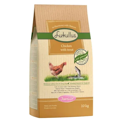 Lukullus Junior Huhn mit Forelle, kaltgepresst, 10 kg. Vollwertige Naturkost für Junghunde mit hochwertigem Fleisch, Ölen, Obst und Gemüse.