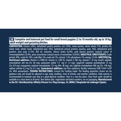 Label with ingredients, analytical constituents, additives, feeding instructions and distributor: Affinity Petcare S.A., Plaça Europa, 54, 08902 L’Hospitalet de Llobregat (Spain).