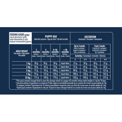 Feeding guide table showing daily grams by adult dog weight and puppy age, plus gestation feeding by activity level. Adult weights: 1–10 kg, ages: 2–10+ months, gestation up to 225 g/day.