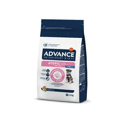 Advance Veterinary Diets Atopic Food Sensitivity Medium 1,5 kg. Texto visible: 'Helps reduce itching in 4 weeks'. Imagen de un perro en el envase.