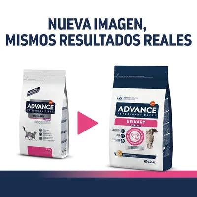 Cambio de imagen en el envase de Advance Veterinary Diets Urinary Stress 1,25 kg para gatos. Texto: 'Nueva imagen, mismos resultados reales'. Se muestran ambos diseños de paquete.