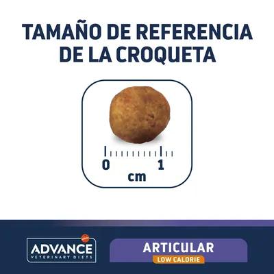 Tamaño de referencia de la croqueta Advance Veterinary Diets Articular Low Calorie, diámetro aproximado 1 cm según escala visible.