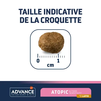 Taille indicative de la croquette Advance Veterinary Diets Atopic & Food Sensitivity avec du lapin, diamètre environ 1 cm, texte et règle graduée visibles.