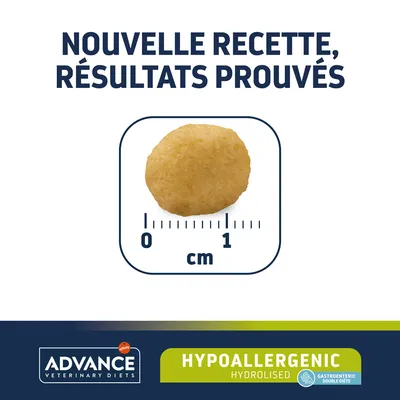 Nouvelle recette, résultats prouvés. Croquette Advance Veterinary Diets hypoallergenic hydrolised, diamètre environ 1 cm. Texte en anglais sur l’emballage.