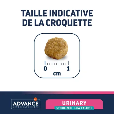 Taille indicative de la croquette, diamètre environ 1 cm. Marque Advance Veterinary Diets, Urinary Sterilized – Low Calorie visible en bas de l’image.