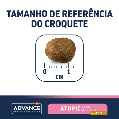 Tamanho de referência do croquete Advance Veterinary Diets Atopic & Food Sensitivity com coelho, diâmetro aproximado de 1 cm visível na régua.