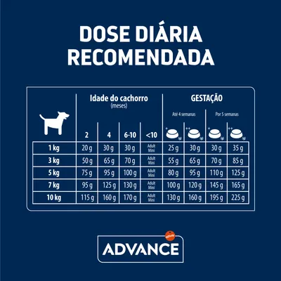 Tabela de dose diária recomendada Advance para cães: quantidades em gramas por peso (1–10 kg), idade (2, 4, 6–10 meses) e gestação (até 4 ou 5 semanas).