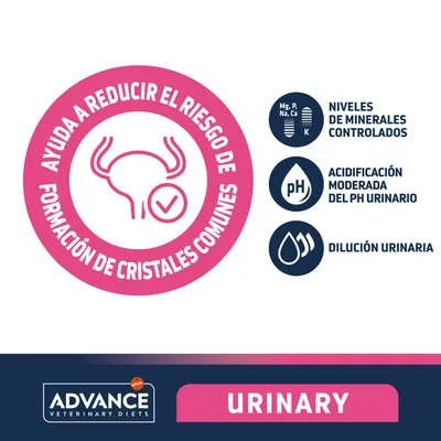 Advance Veterinary Diets Urinary. Ayuda a reducir el riesgo de formación de cristales comunes. Niveles de minerales controlados, acidificación moderada del pH urinario, dilución urinaria.