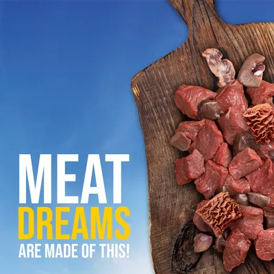 Holzbrett mit rohem Fleisch und Innereien. Text: Meat Dreams Are Made Of This!