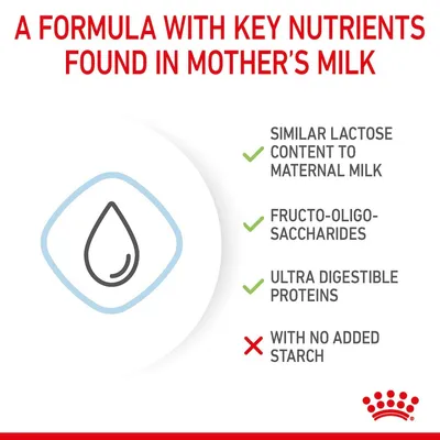 A FORMULA WITH KEY NUTRIENTS FOUND IN MOTHER'S MILK. SIMILAR LACTOSE CONTENT TO MATERNAL MILK, FRUCTO-OLIGO-SACCHARIDES, ULTRA DIGESTIBLE PROTEINS, WITH NO ADDED STARCH. Tekst na engleskom.
