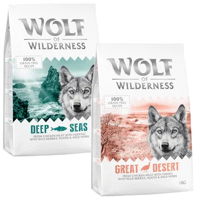 Wolf of Wilderness cibo secco, varietà Deep Seas con aringa e Great Desert con tacchino, ricetta 100% senza cereali, confezioni da 1 kg.