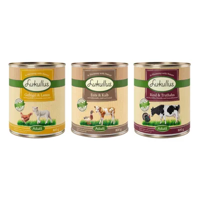 Lukullus Nassfutter für Hunde, Sorten: Geflügel & Lamm, Ente & Kalb, Rind & Truthahn, jeweils 800g Dose. Mit natürlichen Zutaten und Adult-Kennzeichnung.