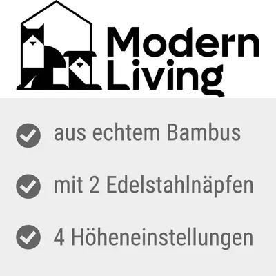 Modern Living. Aus echtem Bambus, mit 2 Edelstahlnäpfen, 4 Höheneinstellungen.