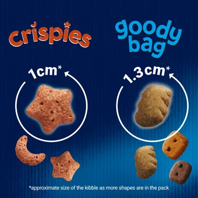 Image showing crispies at approximately 1cm and goody bag treats at approximately 1.3cm, with various treat shapes displayed. Sizes are approximate as more shapes are in the pack.