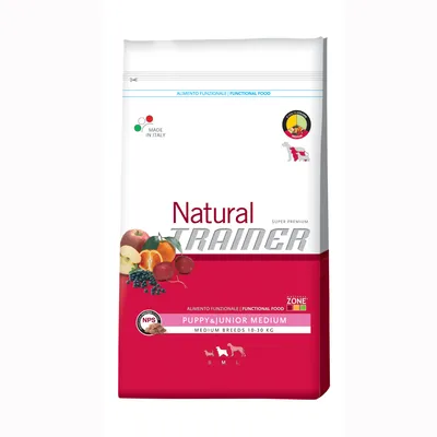 Natural Trainer Puppy & Junior Medium, за средни породи 10–30 кг. Видими плодове и зеленчуци на опаковката. Made in Italy. Текст: Functional Food, NPS. Natural Trainer Puppy & Junior Medium, за средни породи 10–30 кг. Видими плодове и зеленчуци на опаковката. Made in Italy. Текст: Functional Food, NPS.