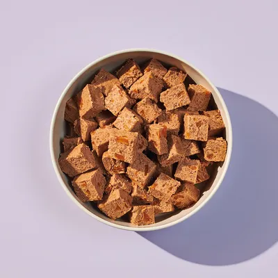 Bowl filled with small, brown, cube-shaped pet food pieces.