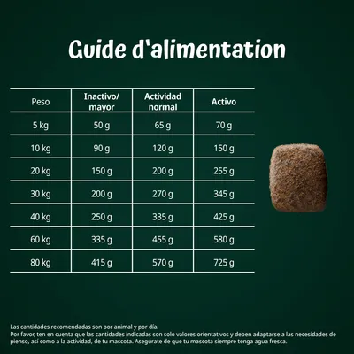Tabla de guía de alimentación según peso y nivel de actividad: desde 5 kg inactivo 50 g hasta 80 kg activo 725 g. Incluye recomendaciones diarias orientativas para mascotas.