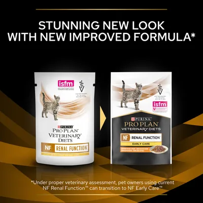 PURINA PRO PLAN VETERINARY DIETS NF Renal Function i NF Renal Function Early Care za mačke, prikaz stare i nove ambalaže s oznakama isfm i tekstom na engleskom jeziku.