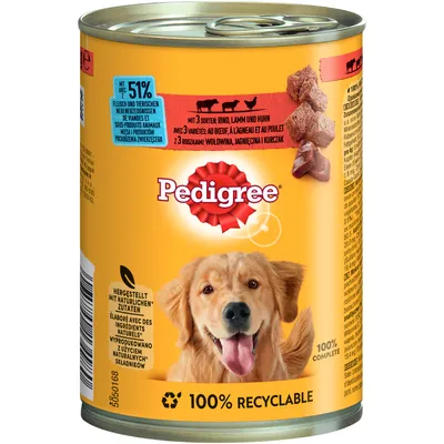 Pedigree lata de comida húmeda con 51% de carne de subproductos animales, variedades ternera, cordero y pollo. Elaborado con ingredientes naturales, 100% reciclable.