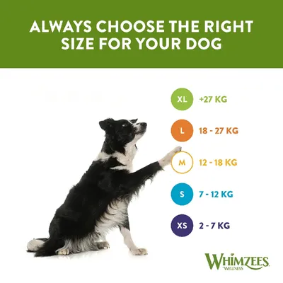 Size guide showing XL for over 27kg, L for 18-27kg, M for 12-18kg, S for 7-12kg, XS for 2-7kg. Always choose the right size for your dog. Whimzees Wellness.
