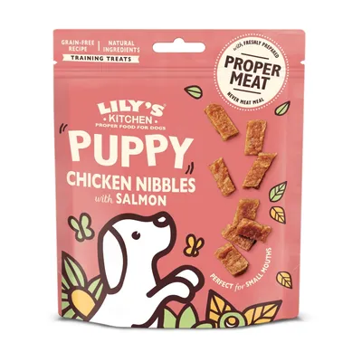 Puppy chicken nibbles with salmon, grain-free recipe, natural ingredients, training treats, made with freshly prepared proper meat, perfect for small mouths.
