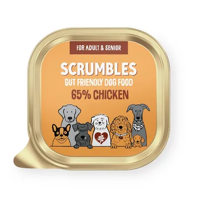 For adult and senior. Scrumbles gut friendly dog food, 65% chicken.