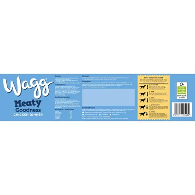 Wagg Meaty Goodness Chicken Dinner label showing recipe, composition, additives, analytical constituents, storage advice, body condition score chart, recycling info and contact details.