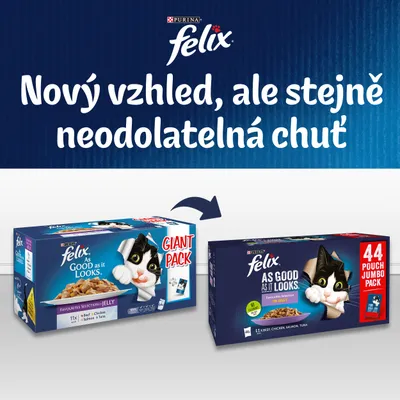 Purina felix. Nový vzhled, ale stejně neodolatelná chuť. Dvě balení Felix As Good as it Looks v želé: původní GIANT PACK a nové 44 POUCH JUMBO PACK.