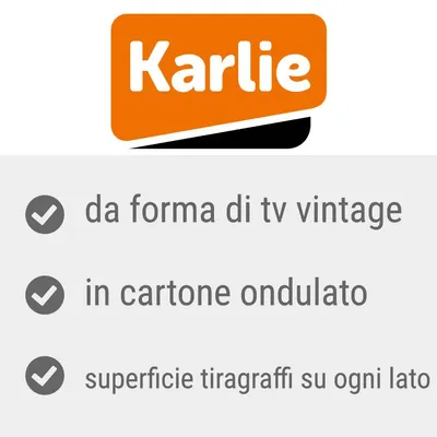 Karlie, da forma di tv vintage, in cartone ondulato, superficie tiragraffi su ogni lato