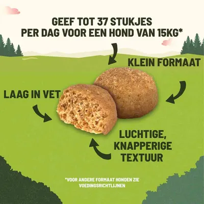 Geef tot 37 stukjes per dag voor een hond van 15 kg. Laag in vet, klein formaat, luchtige knapperige textuur. Voor andere formaat honden zie voedingsrichtlijnen.