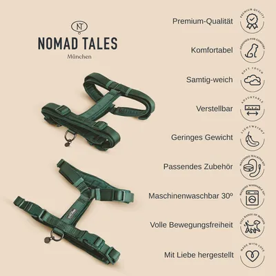 Nomad Tales München Hundegeschirr. Premium-Qualität, komfortabel, samtig-weich, verstellbar, geringes Gewicht, maschinenwaschbar bei 30°, volle Bewegungsfreiheit, mit Liebe hergestellt.