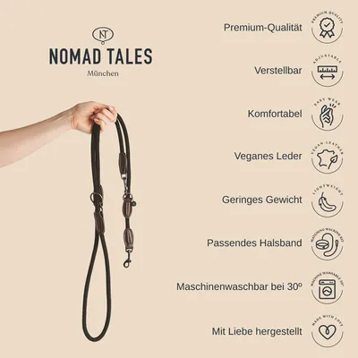 Nomad Tales München. Поводок для собак из веганской кожи, регулируемый, удобный, легкий, можно стирать в машине при 30°, подходит к ошейнику, премиум-качество, изготовлен с любовью.
