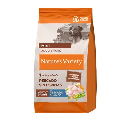 Pienso Nature’s Variety Mini Adult (1–10 kg), primer ingrediente pescado sin espinas, con pescado blanco y cereales. Envase reciclable. Proteína, calidad y digestibilidad visibles en el paquete.