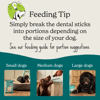 Feeding tip: break dental sticks into portions based on your dog's size. See feeding guide for portion suggestions. Shown for small, medium, and large dogs.