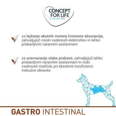 CONCEPT FOR LIFE VETERINARY DIET. Za lajšanje akutnih motenj črevesne absorpcije in uravnavanje slabe prebave; GASTRO INTESTINAL. Besedilo v slovenščini. CONCEPT FOR LIFE VETERINARY DIET. Za lajšanje akutnih motenj črevesne absorpcije in uravnavanje slabe prebave; GASTRO INTESTINAL. Besedilo v slovenščini.