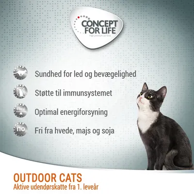 CONCEPT FOR LIFE. Sundhed for led og bevægelighed, støtte til immunsystemet, optimal energiforsyning, fri fra hvede, majs og soja. OUTDOOR CATS Aktive udendørskatte fra 1. leveår.