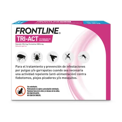 Frontline Tri-Act solución Spot-On para perros. Para tratar y prevenir infestaciones de pulgas, garrapatas, mosquitos y otros insectos. No apto para gatos ni conejos.