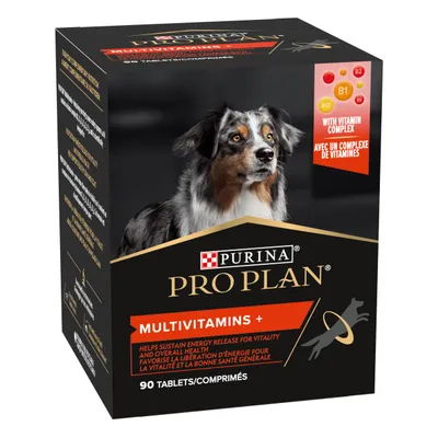 Purina Pro Plan Multivitamins+ 90 tablets box, with visible text: 'With vitamin complex', B1, B2, B5, B12. Helps sustain energy release for vitality and overall health.