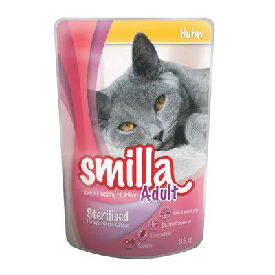 Plic hrană pentru pisici smilla Adult Sterilised, Huhn, 85 g. Text vizibil: Ideal Weight, DL-methionine, L-carnitine, Taurine, für kastrierte Katzen.