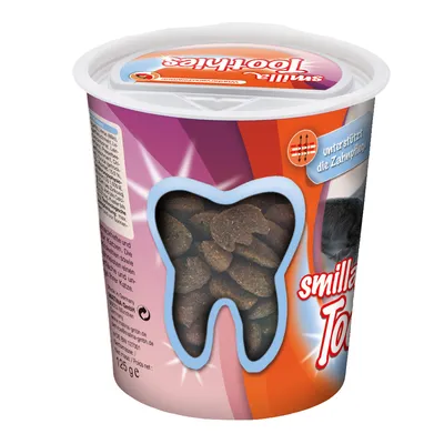 Smilla Toothies kattensnack, 125 g verpakking met tandvormig venster. Zichtbare tekst: 'unterstützt die Zahnpflege' en 'smilla Toothies'.