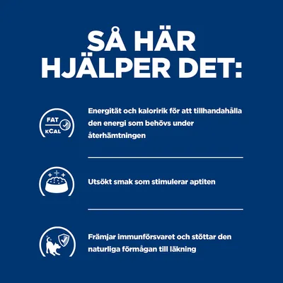 Så här hjälper det: Energität och kaloririk för återhämtning, utsökt smak som stimulerar aptiten, främjar immunförsvaret och stöder naturlig läkning. All text på svenska.