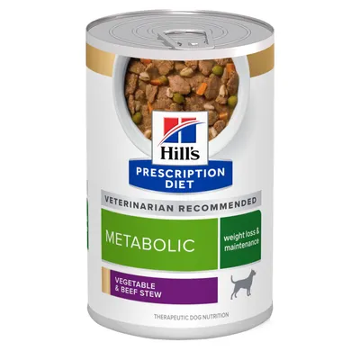 Boîte Hill's Prescription Diet Metabolic, weight loss & maintenance, vegetable & beef stew, recommandé par les vétérinaires, nutrition thérapeutique pour chien visible sur l’étiquette.